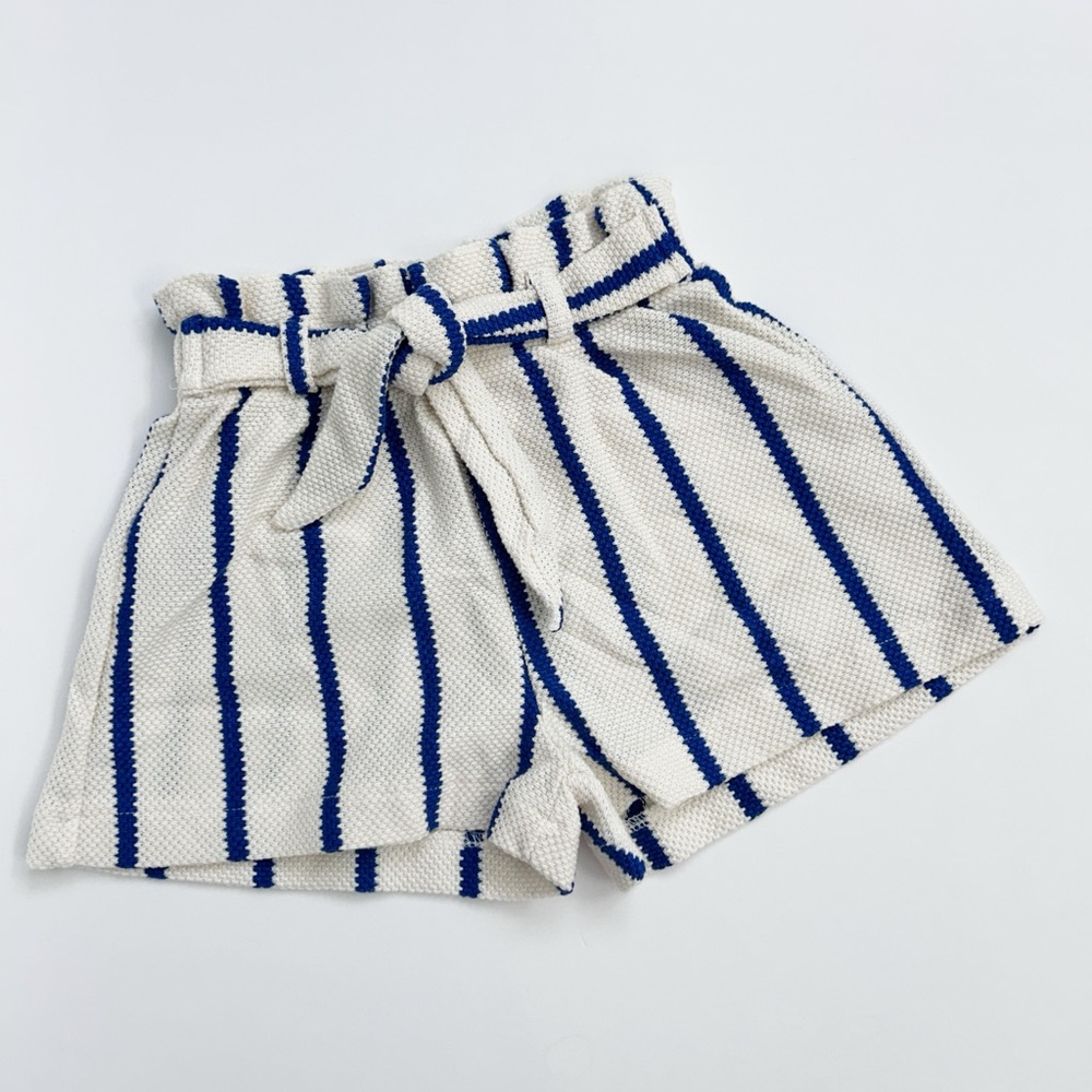 Zara Kids Girls Blue Cream Striped Paperbag Waist Shorts Size 6